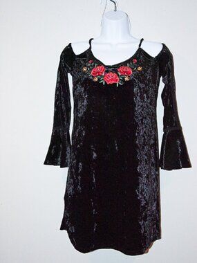 Disney Pixar Coco Black Velvet Embroidered Cold Shoulder Mini Dress Size XS